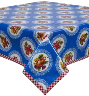 48 x 48 Doily Blue Oilcloth Tablecloth with Red Gingham Trim