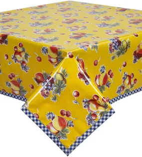 48 x 80 Retro Yellow Oilcloth Tablecloth with Navy Gingham Trim