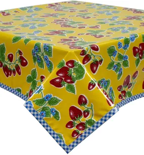 48 X 84 Strawberry Yellow Oilcloth Tablecloth with Navy Gingham Trim