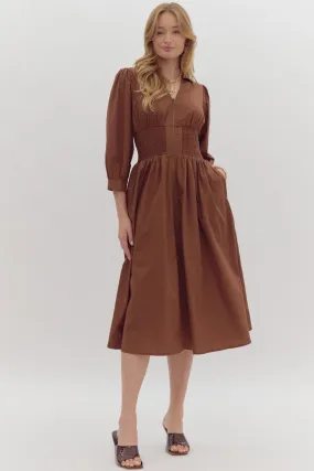 Brown Zip Up Midi Dress