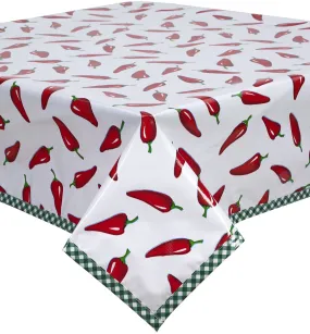 Chili Peppers Oilcloth Tablecloth with Green Gingham Trim