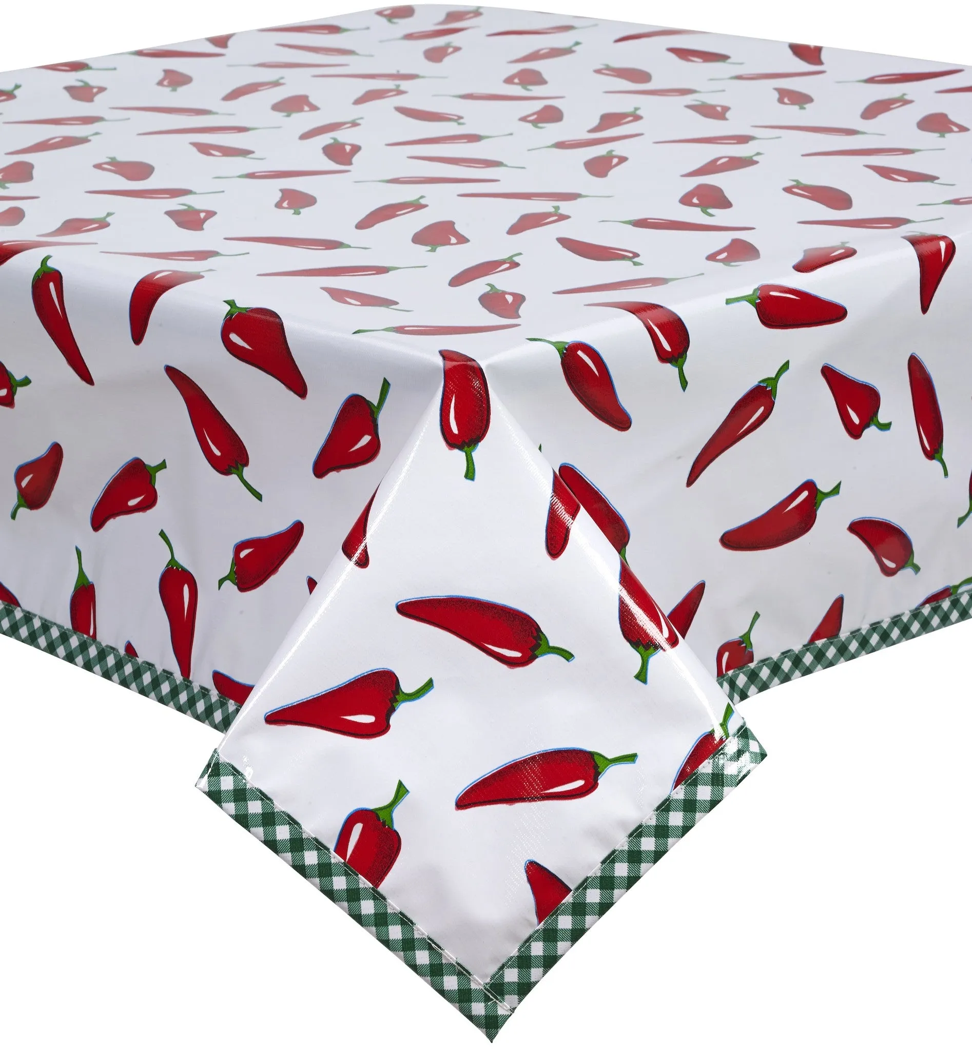 Chili Peppers Oilcloth Tablecloth with Green Gingham Trim