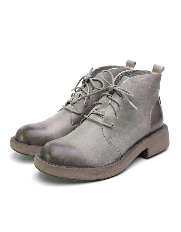 Cowhide Lace-up Autumn Leather Ankle Boots