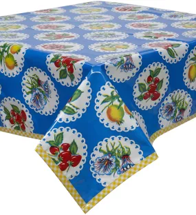 Doily 2 Blue Oilcloth Tablecloth with Yellow Gingham Trim