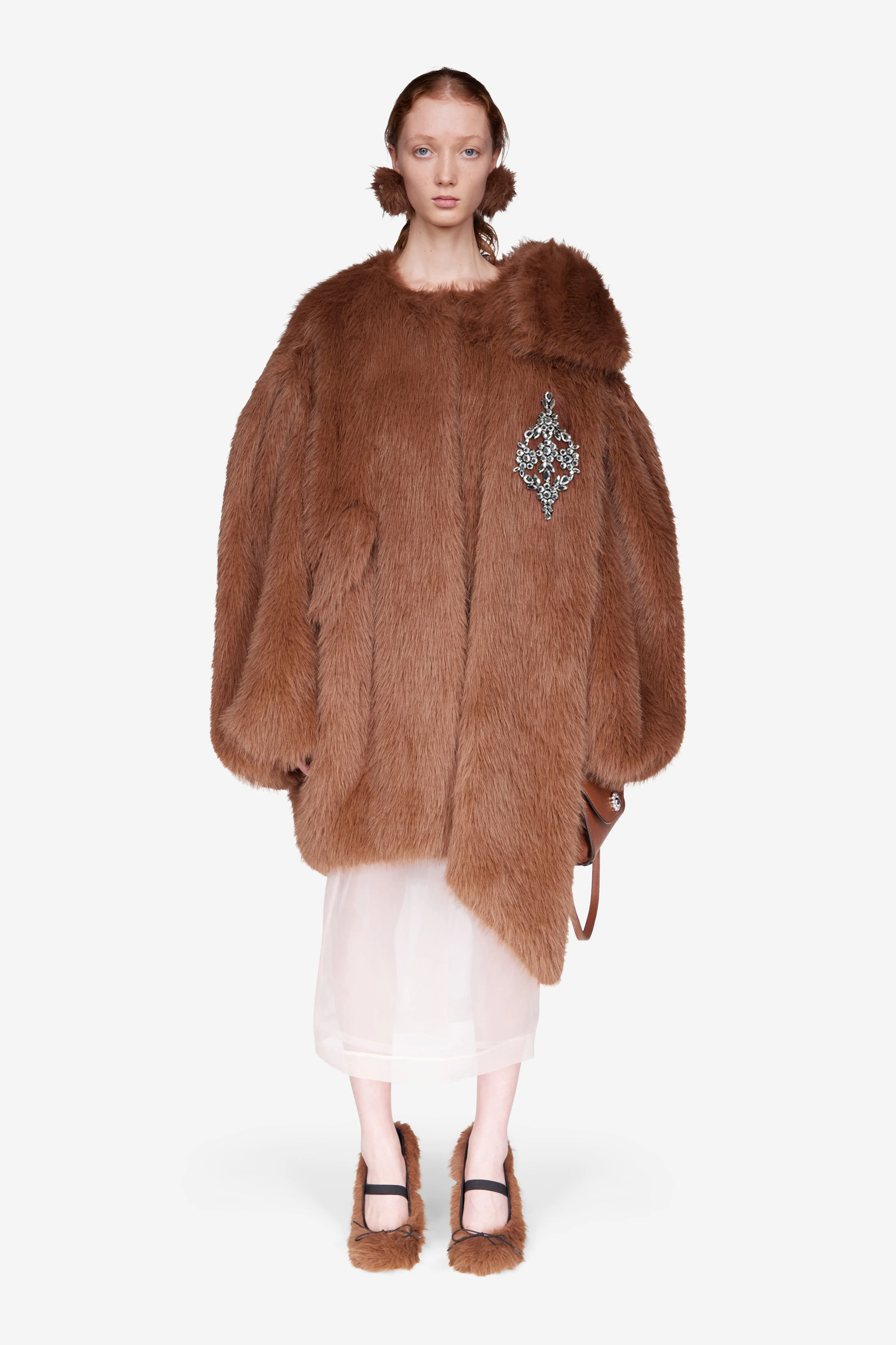 Embellished Faux Fur Coccoon Bow Coat