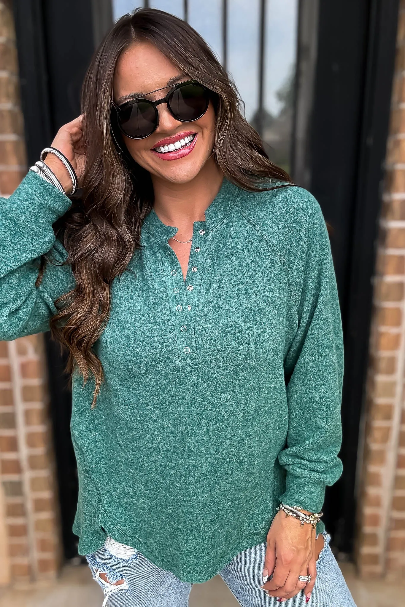 Exhale Dark Green Brushed Melange Hacci Oversized Henley Sweater