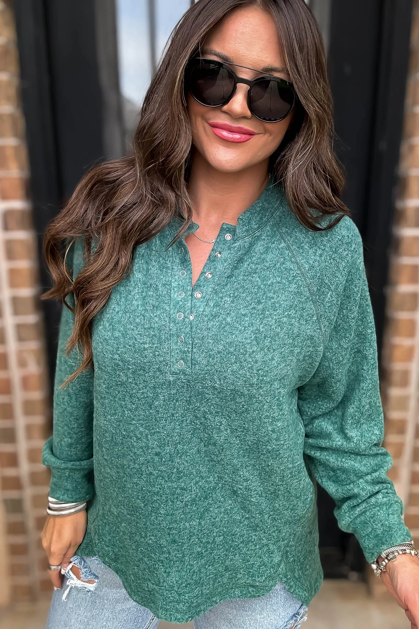 Exhale Dark Green Brushed Melange Hacci Oversized Henley Sweater