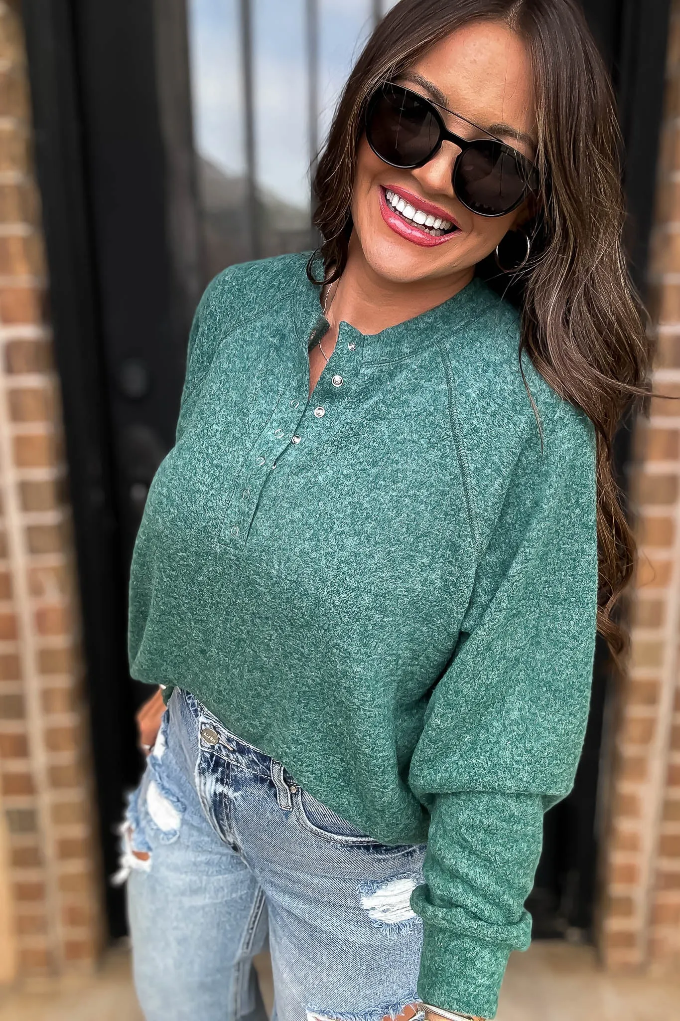 Exhale Dark Green Brushed Melange Hacci Oversized Henley Sweater