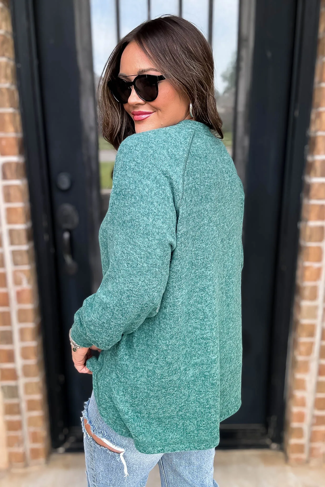 Exhale Dark Green Brushed Melange Hacci Oversized Henley Sweater