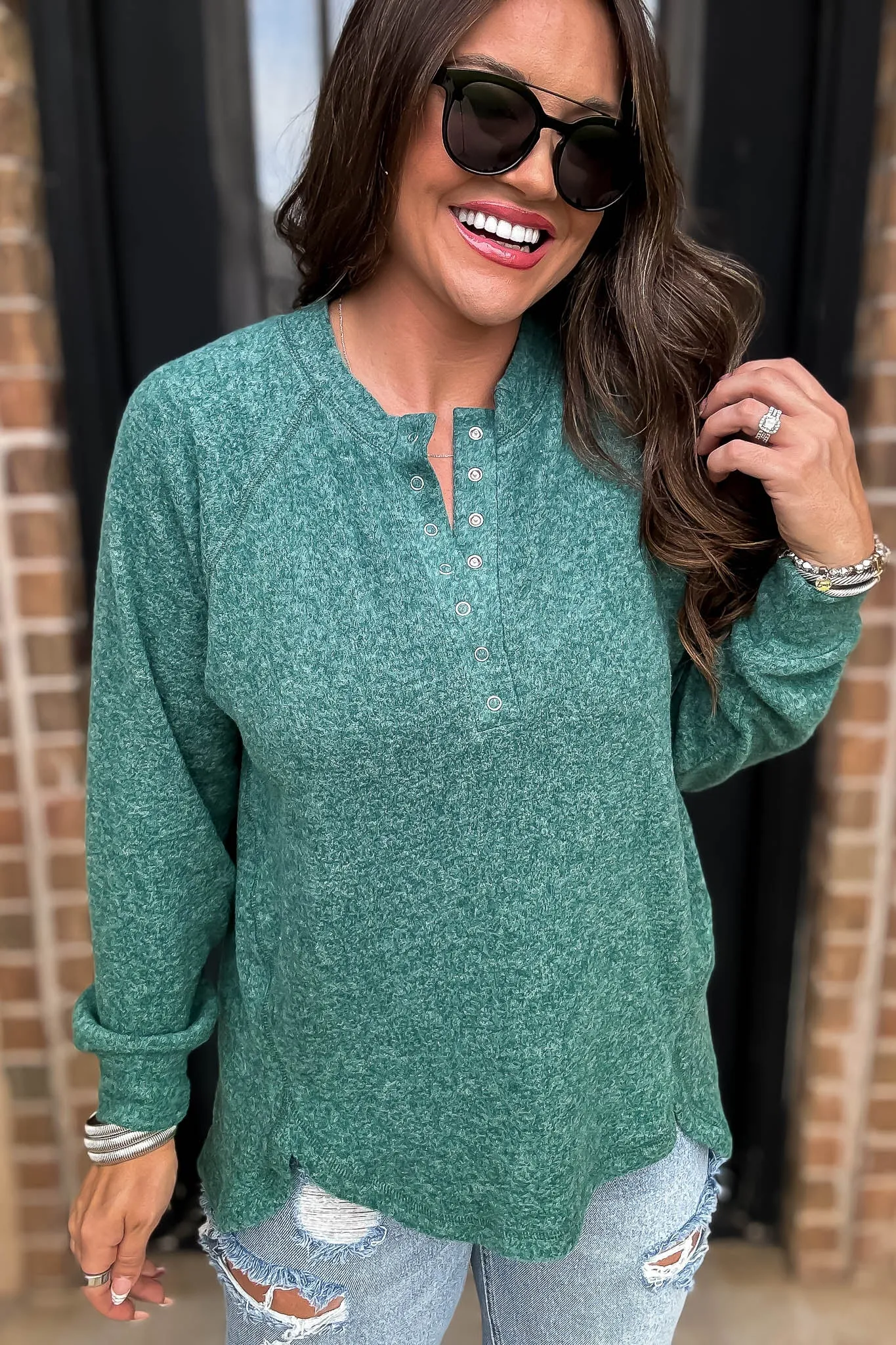 Exhale Dark Green Brushed Melange Hacci Oversized Henley Sweater