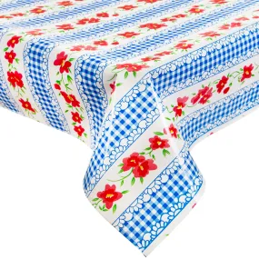 Flowers and Gingham Blue Oilcloth Tablecloth