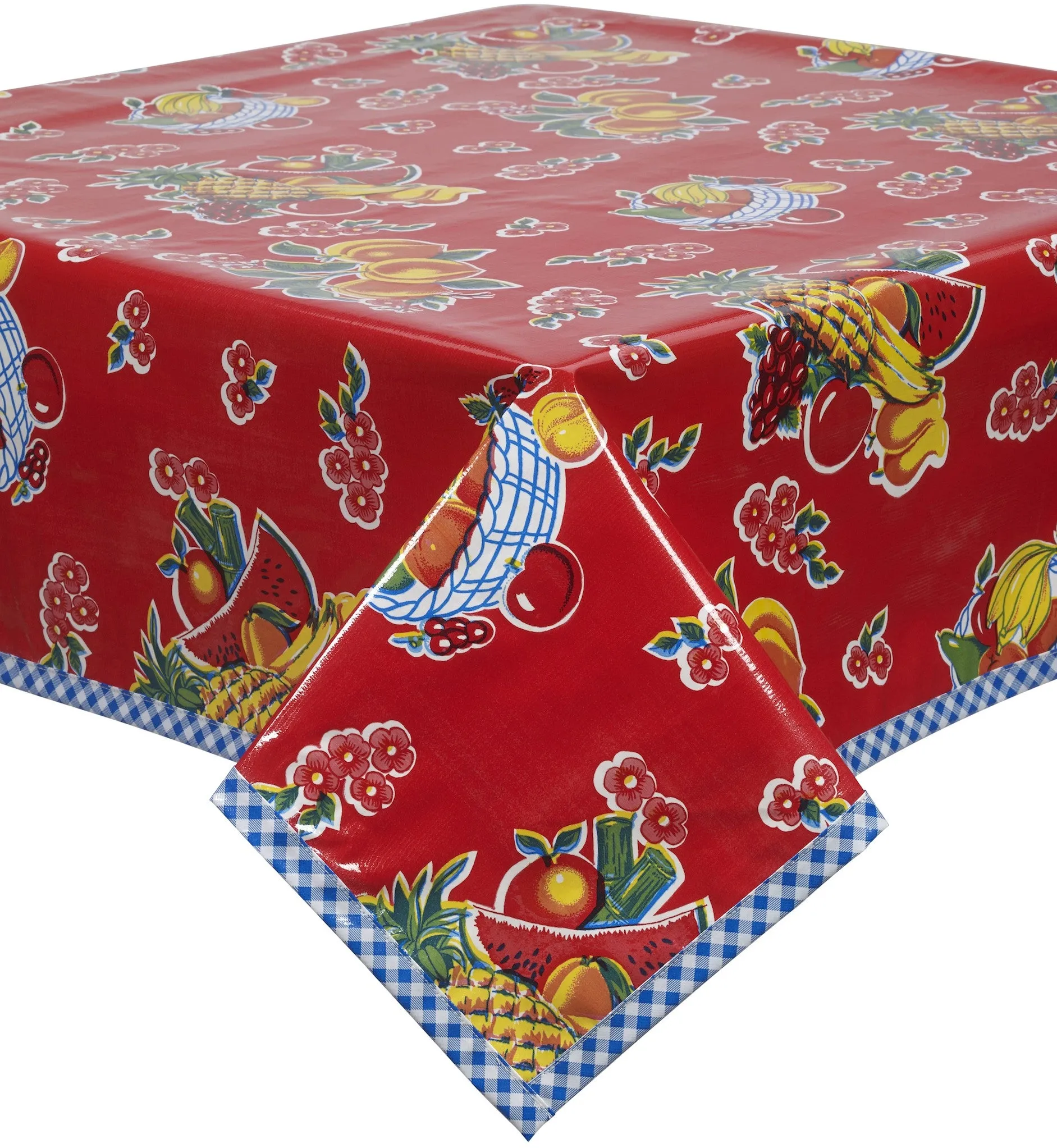 Fruit Basket Red Oilcloth Tablecloth with Blue Gingham Trim