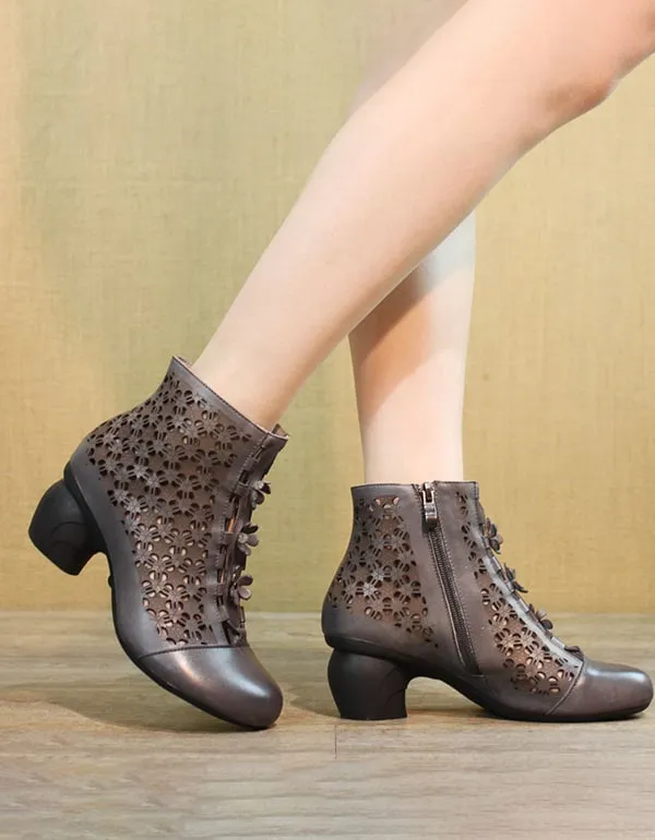 Handmade Retro Hollow Chunky Heels Boots