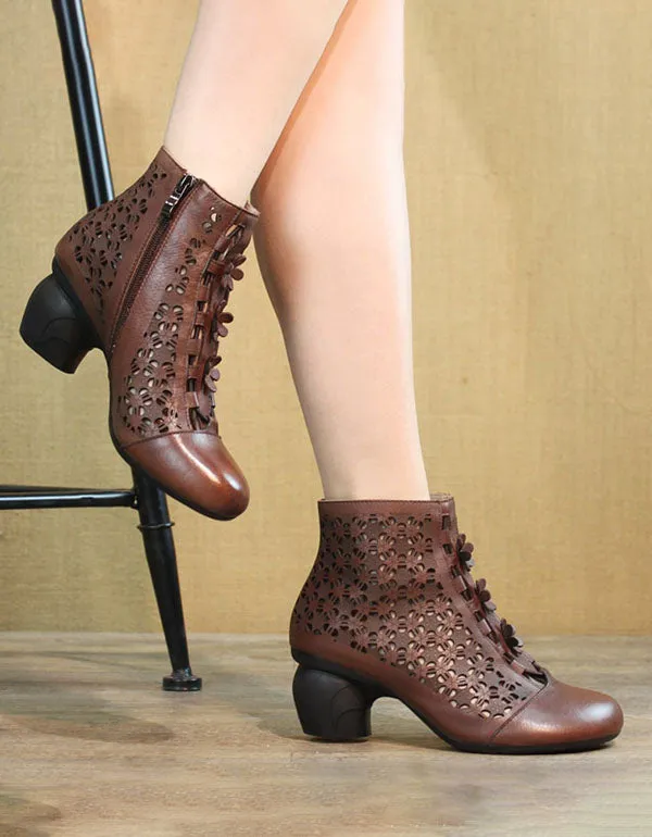 Handmade Retro Hollow Chunky Heels Boots