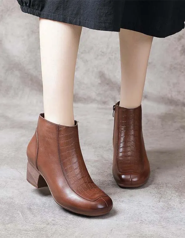 Handmade Retro Leather Polished Chunky Heel Boots