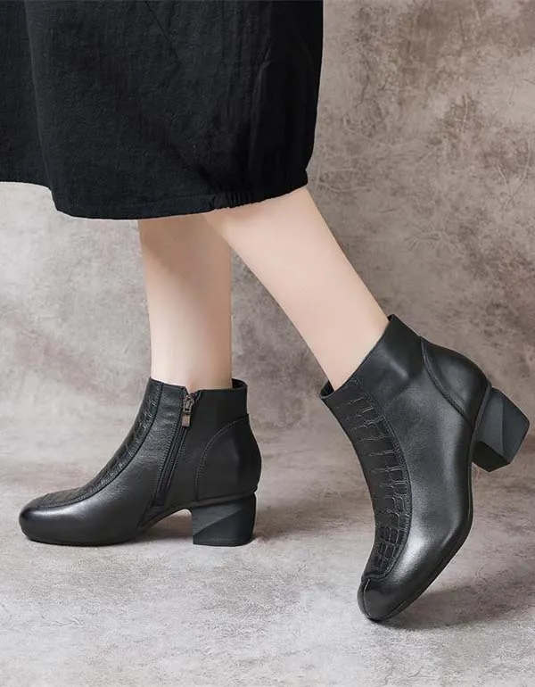 Handmade Retro Leather Polished Chunky Heel Boots