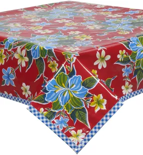 Hawaii Red Oilcloth Tablecloth with Blue Gingham Trim You Pick the Size