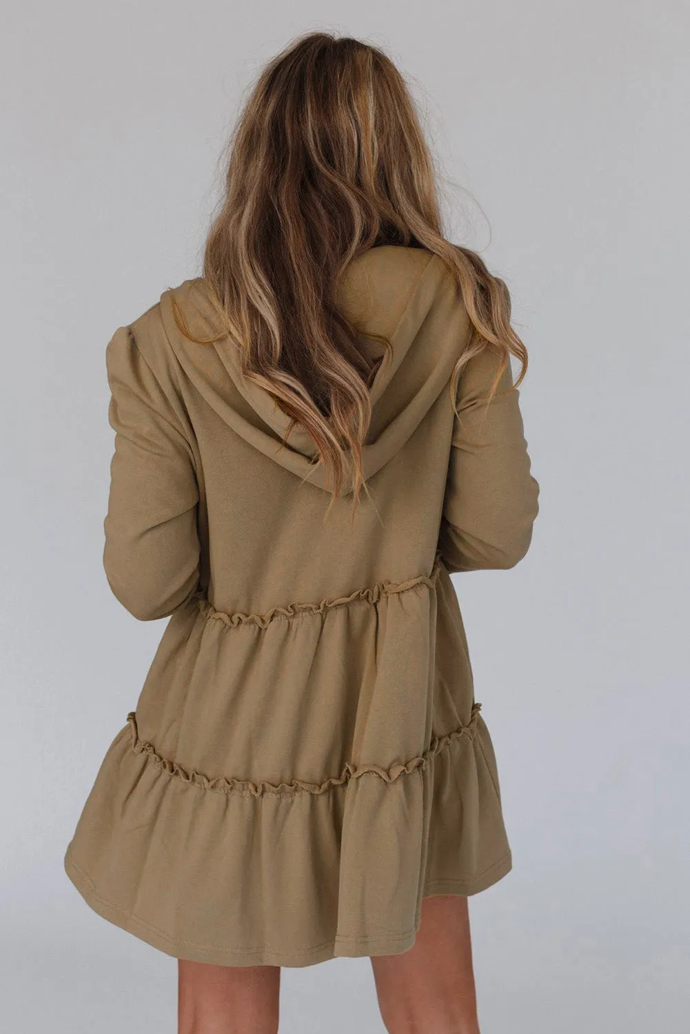 Khaki Tiered Ruffled Zip-Up Drawstring Hooded Jacket