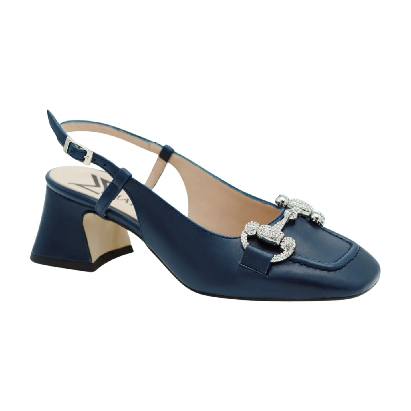 MARIAN Navy Leather Sling Back Shoe with Diamante Buckle