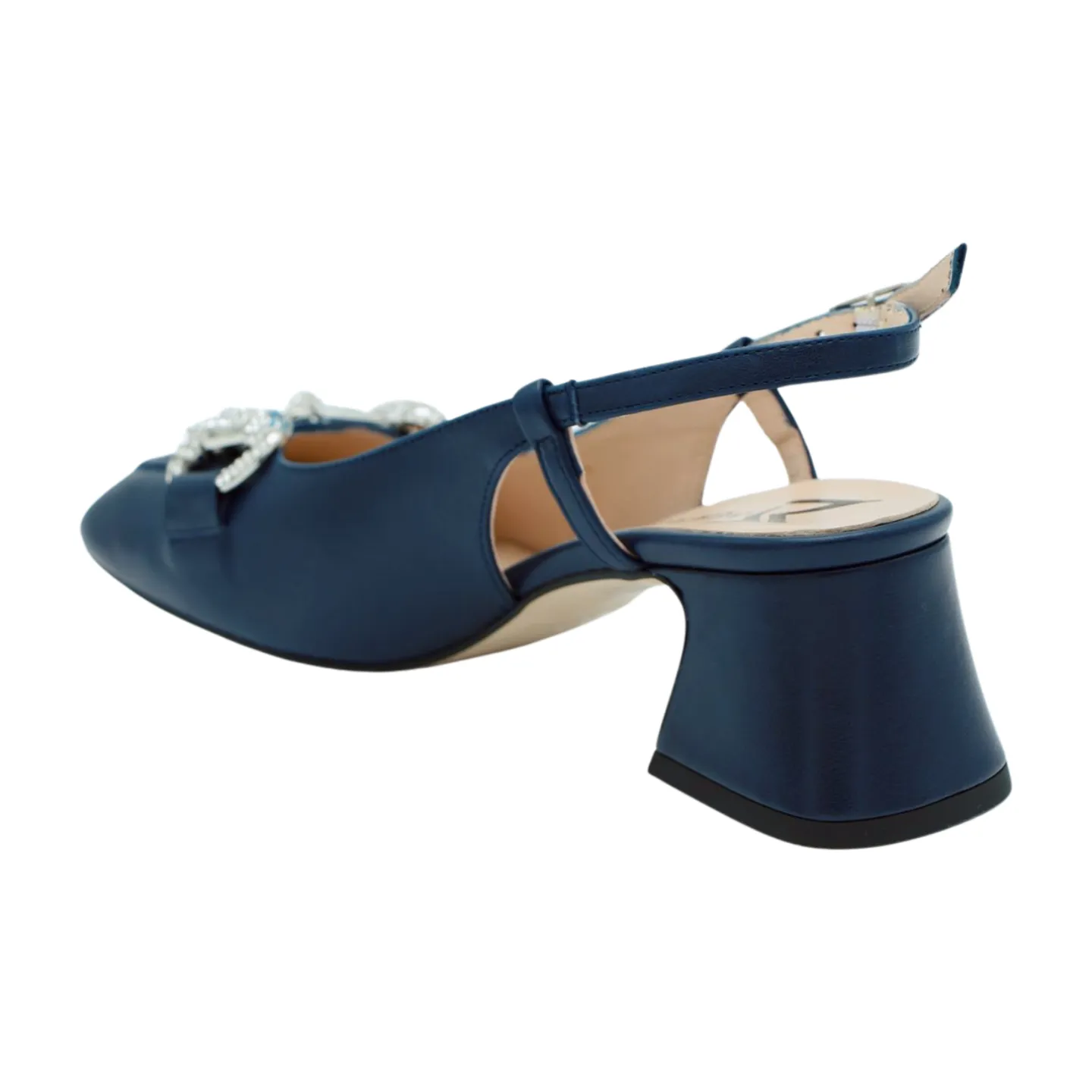 MARIAN Navy Leather Sling Back Shoe with Diamante Buckle