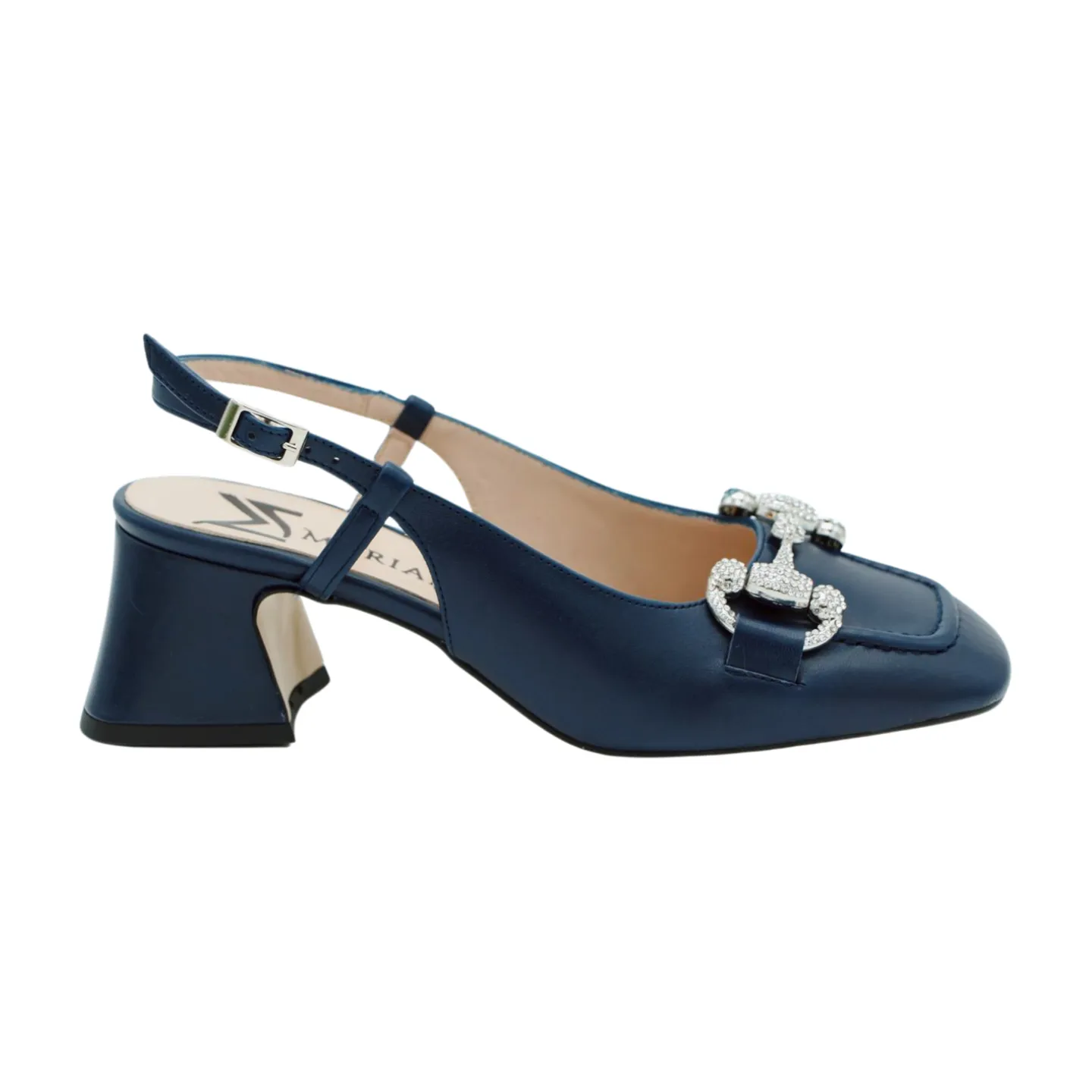 MARIAN Navy Leather Sling Back Shoe with Diamante Buckle