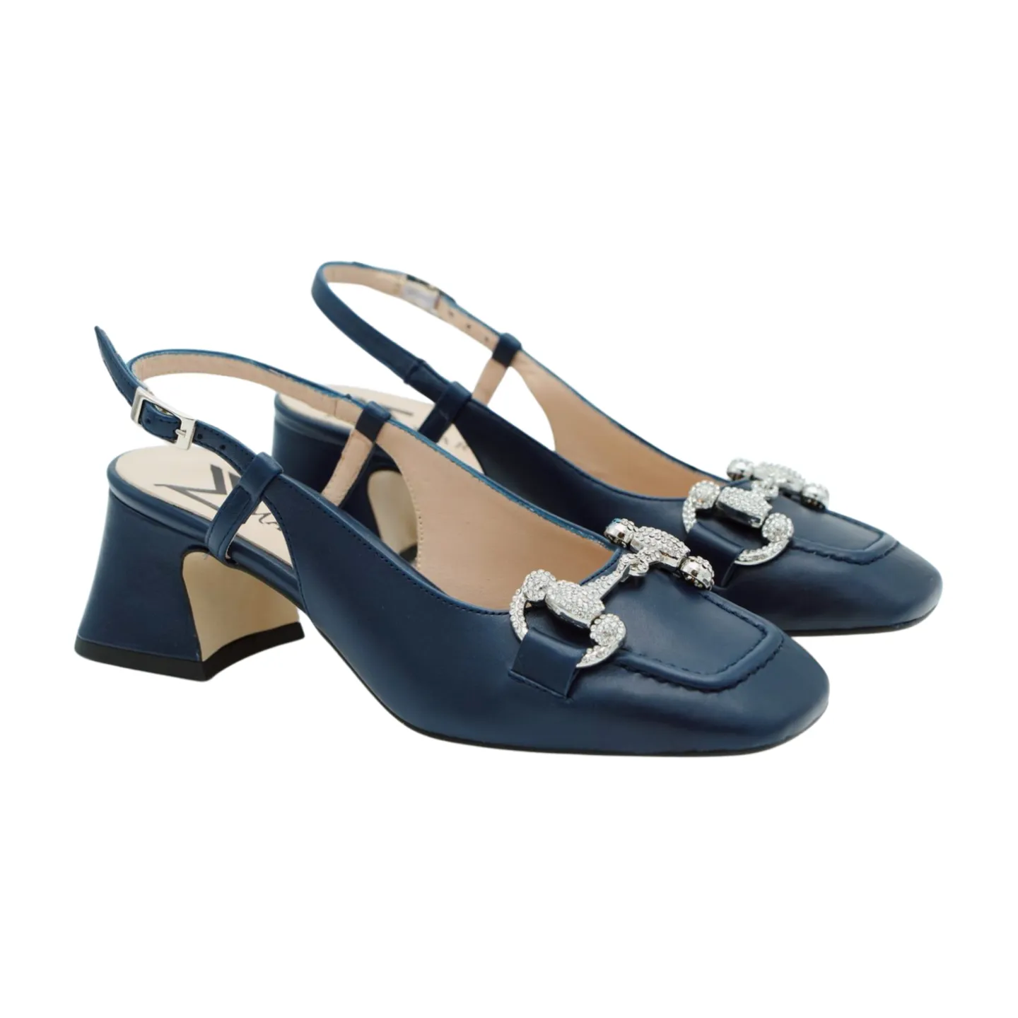 MARIAN Navy Leather Sling Back Shoe with Diamante Buckle