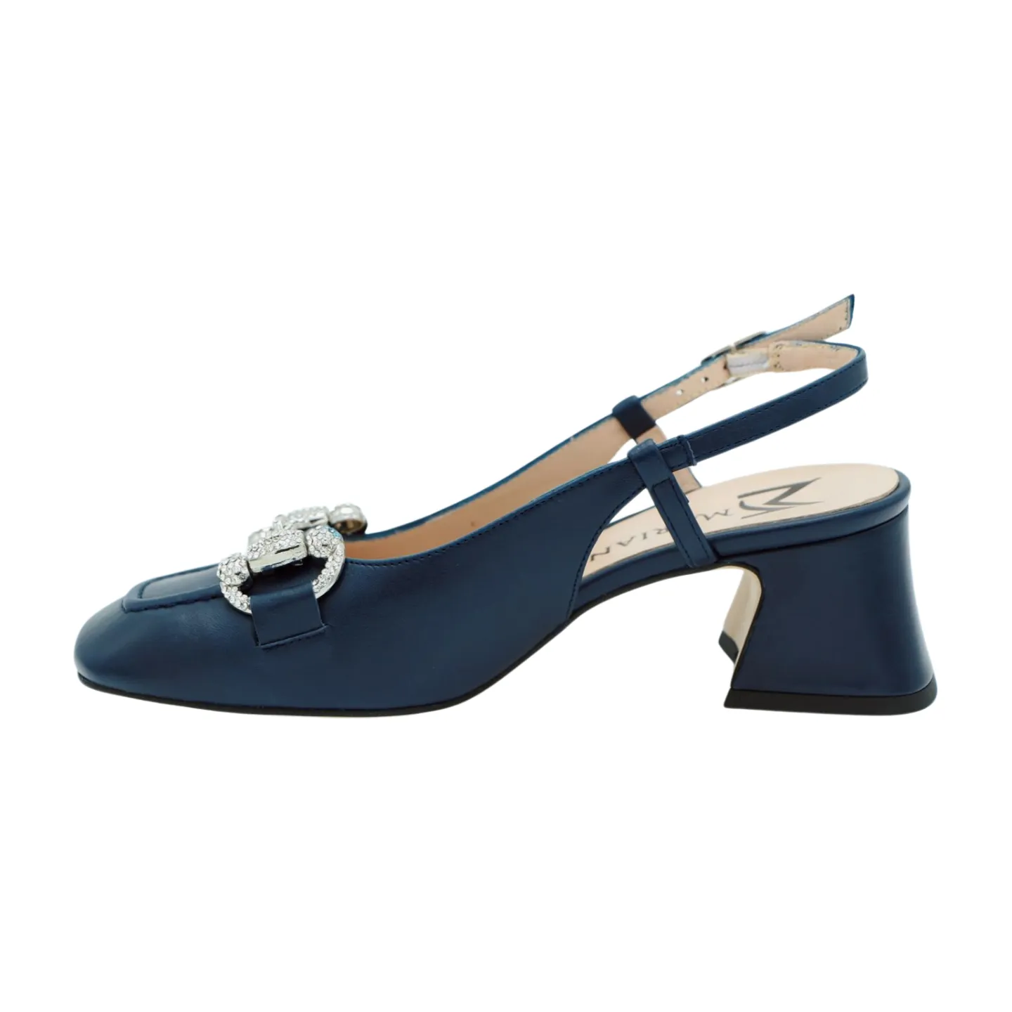 MARIAN Navy Leather Sling Back Shoe with Diamante Buckle