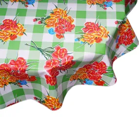 Round Oilcloth Tablecloth Carnations on Large Lime Gingham