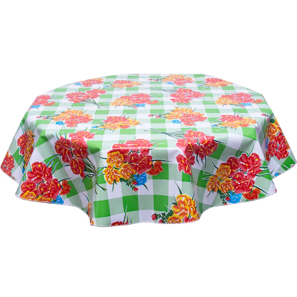 Round Oilcloth Tablecloth Carnations on Large Lime Gingham