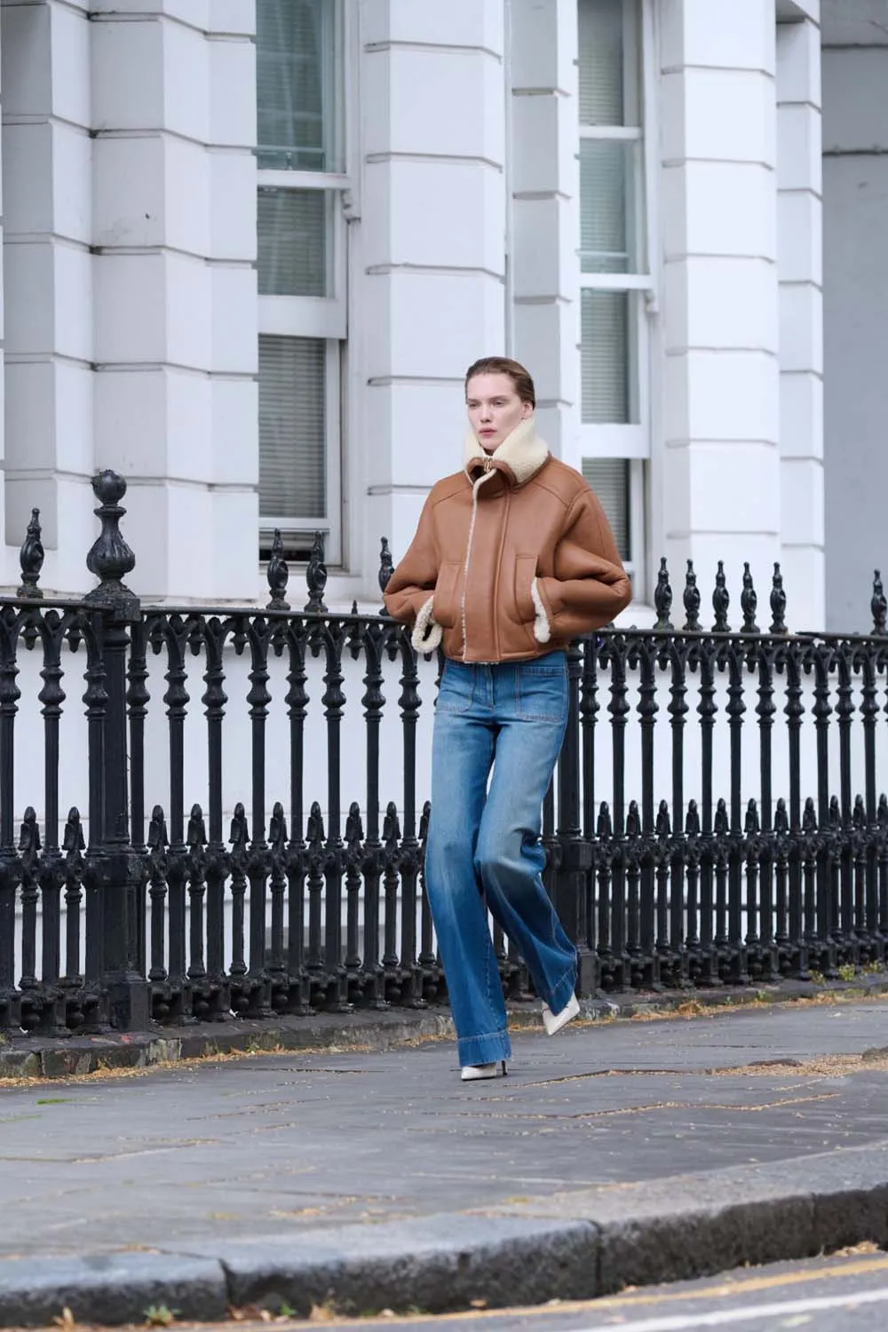 Shearling Pea Coat In Tan-Cream