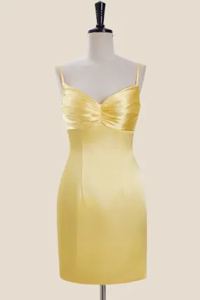 Straps Yellow Ruched Satin Bodycon Short Dress