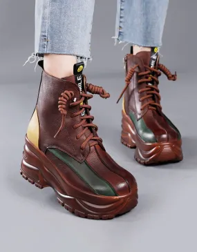 Winter Autumn Color Matching Leather Retro Platform Boots