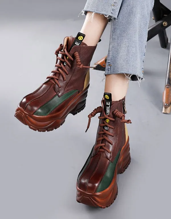 Winter Autumn Color Matching Leather Retro Platform Boots