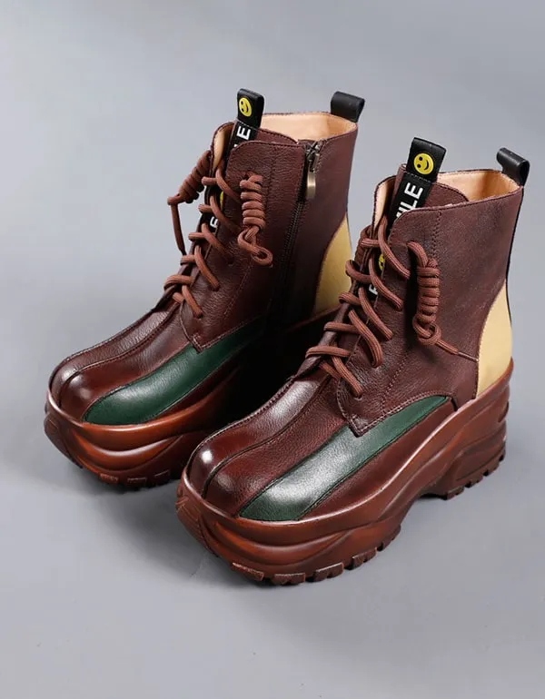 Winter Autumn Color Matching Leather Retro Platform Boots