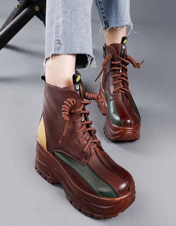 Winter Autumn Color Matching Leather Retro Platform Boots